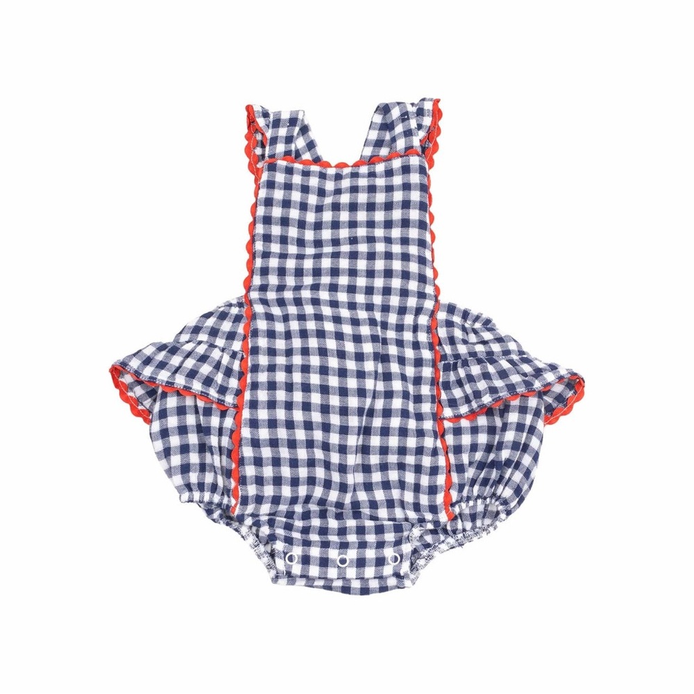 Angel Dear Navy Gingham Ric-Rac Ruffle Onesie - 3M - Picture 2 of 7
